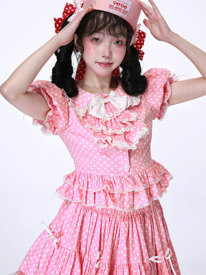 SOS MEME CLUB - Showa Vintage Kawaii Pink Polka Dot Shirt blouse SOS MEME CLUB