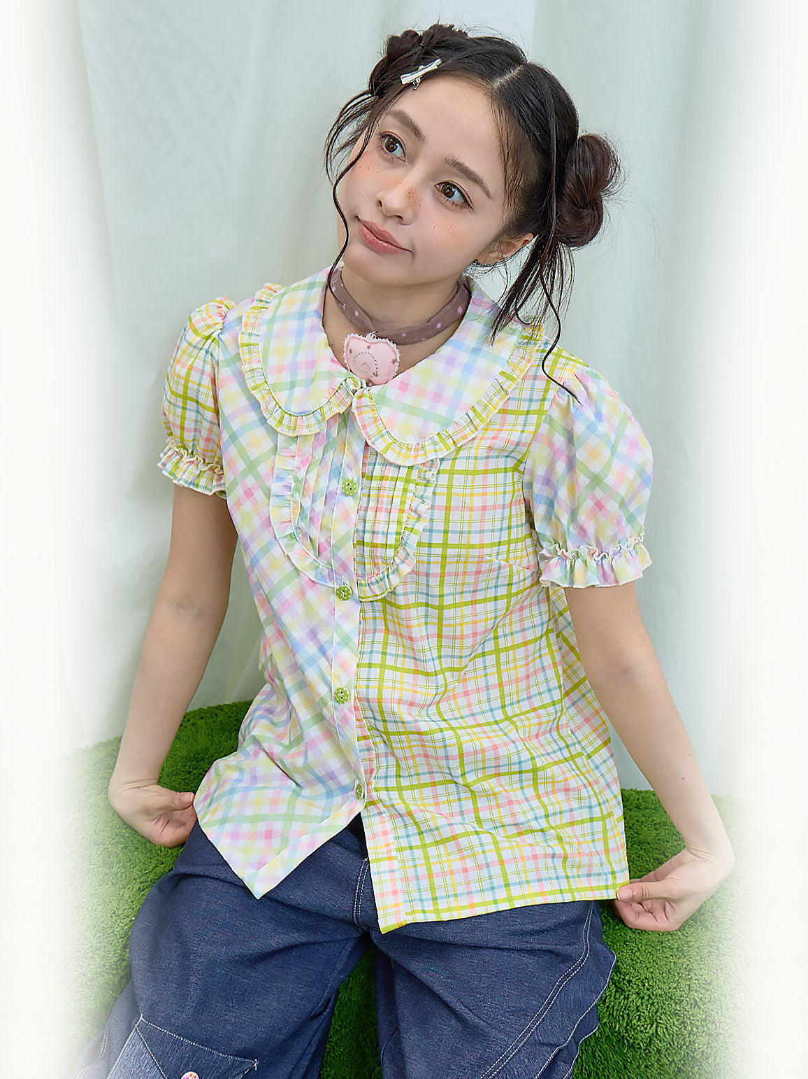 Moon Meadow - Plaid Puff Sleeve Shirt shirt Moon Meadow