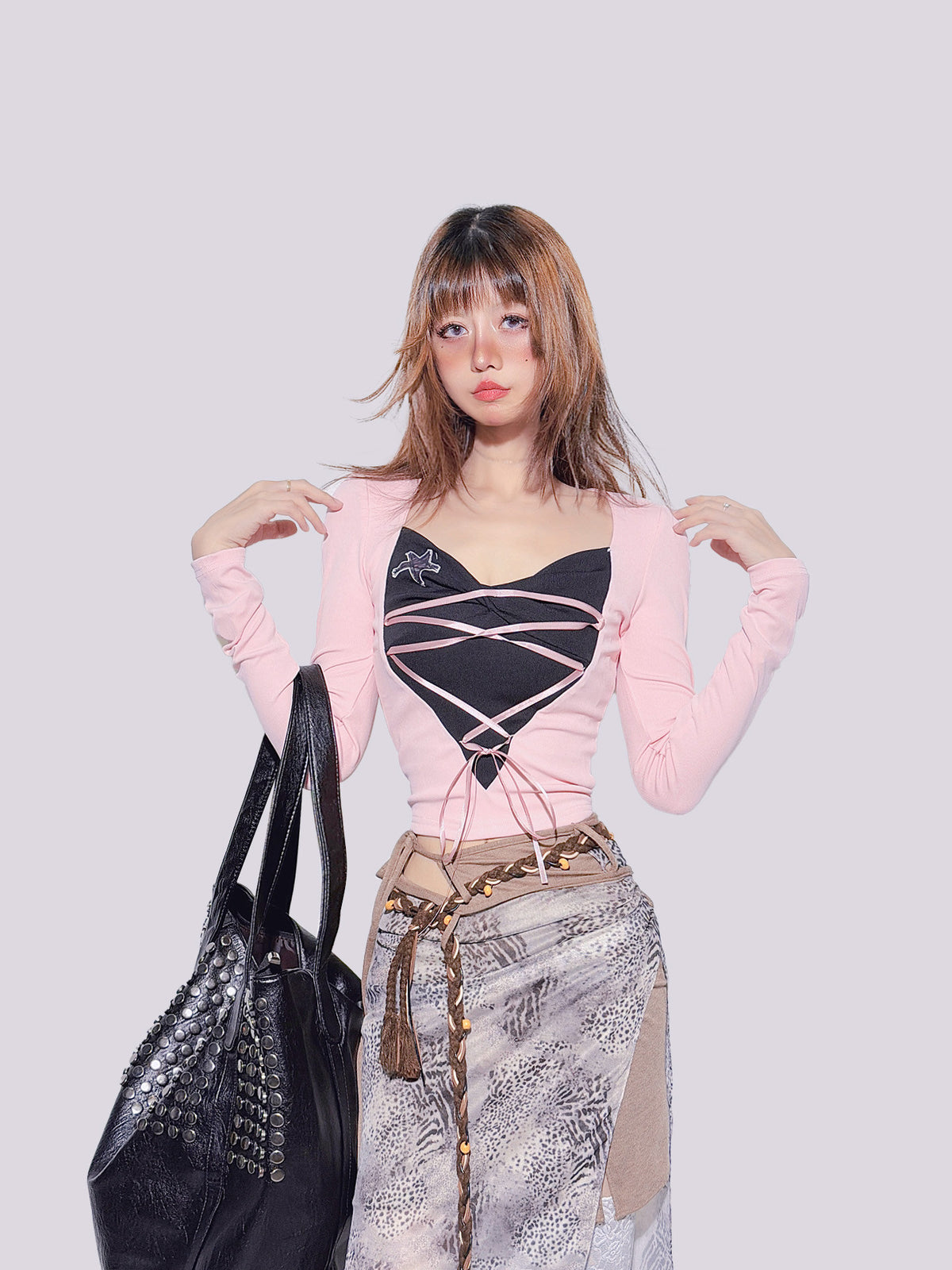 FANLOVEGIRL - Black & Pink Faux-Layer Fitted Top shirt FANLOVEGIRL