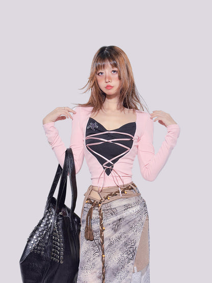 FANLOVEGIRL - Black & Pink Faux-Layer Fitted Top shirt FANLOVEGIRL
