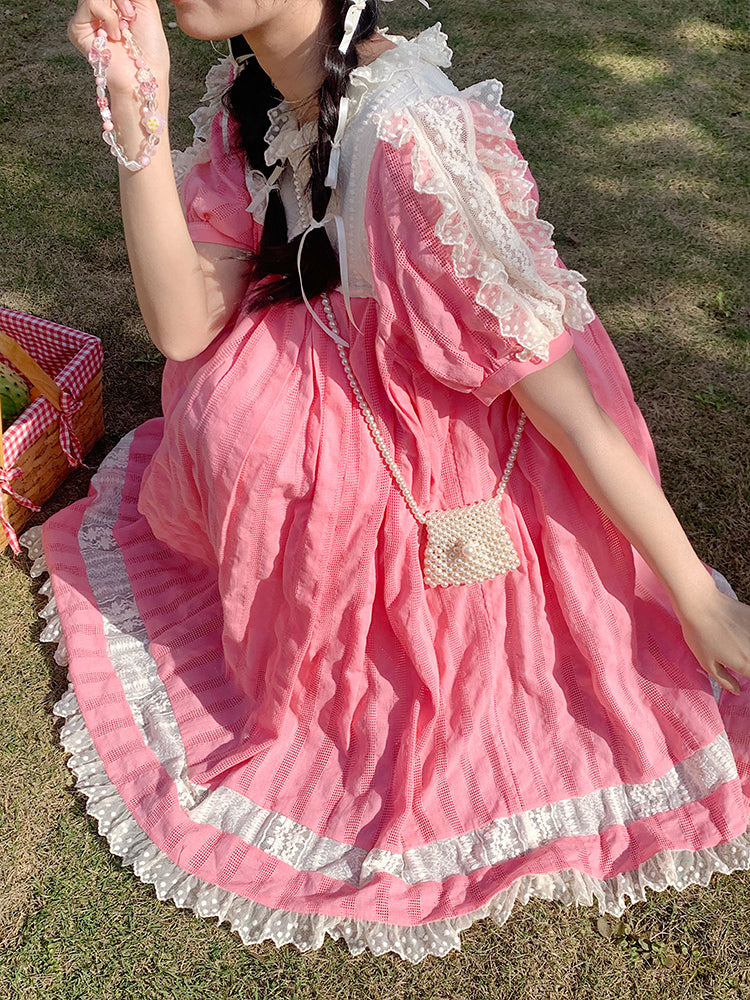 Mameya - Kawaii Pink Lace Puff Sleeve High Waist Dress Short Sleeve dress Mameya