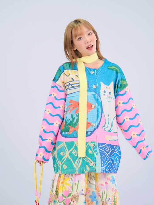 MeowMeow Bug - Kawaii Fishbowl Cat Knit Cardigan