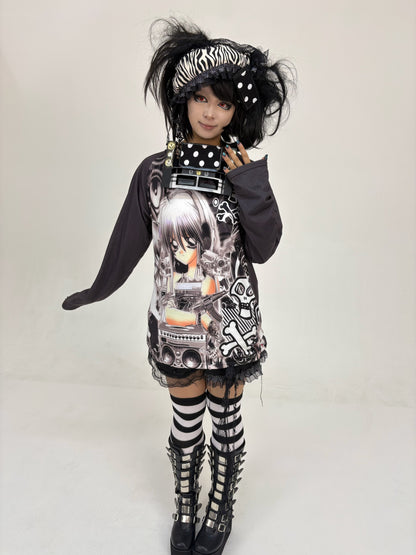 ki00bi00 - Gothic Skull Graphic Long Sleeve Tee shirt ki00bi00