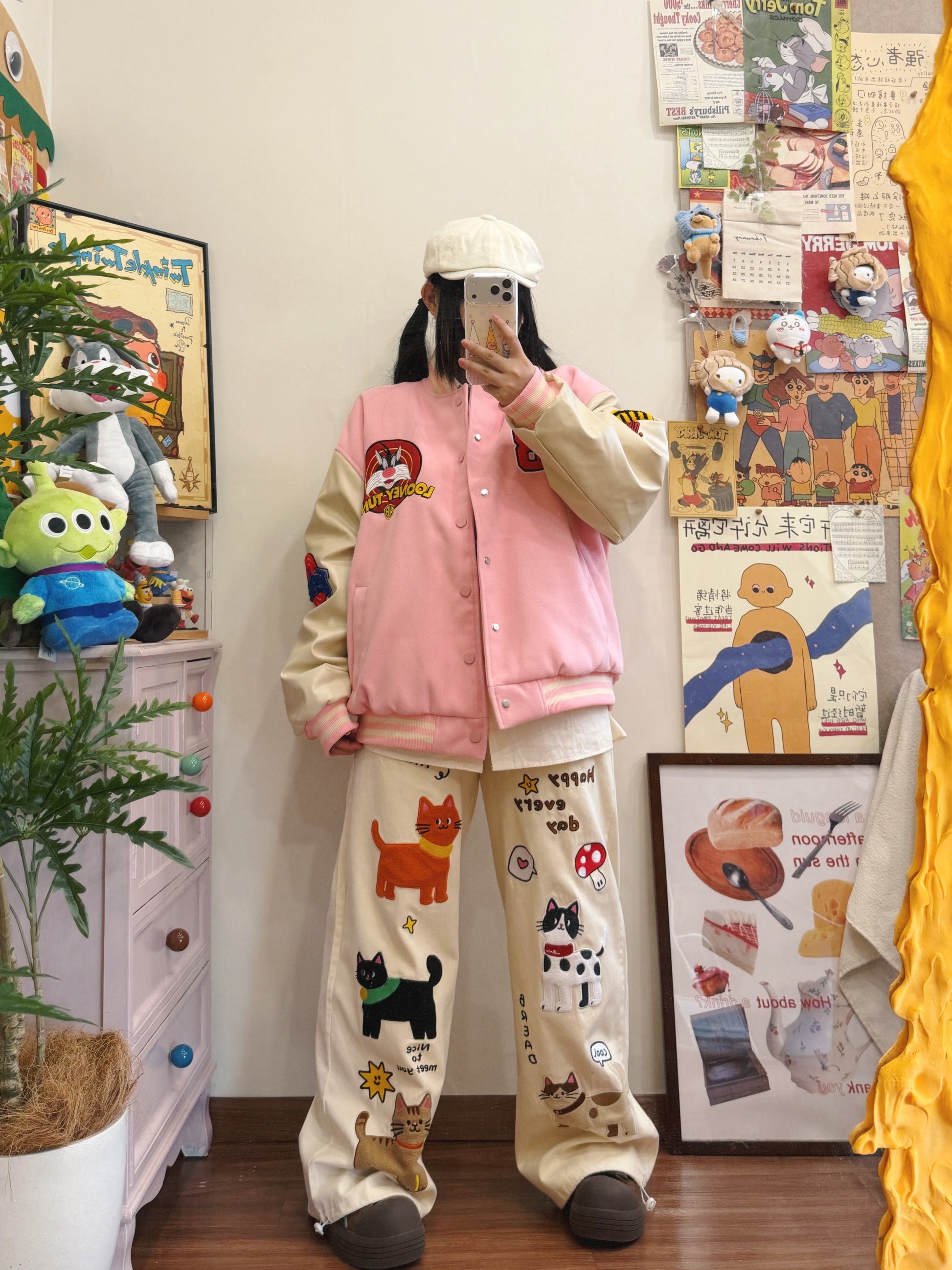 BIBULU - Kidcore Retro Embroidered Pink Baseball Jacket jacket BIBULU