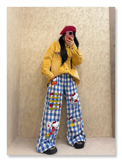 BIBULU - Kidcore Cartoon Embroidered Plaid Pants pants BIBULU Blue M