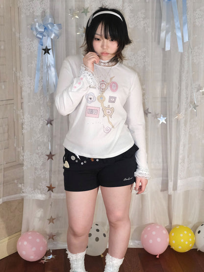 Snail Bones - Clock Print Rhinestone Lace Tee shirt Snail Bones White M