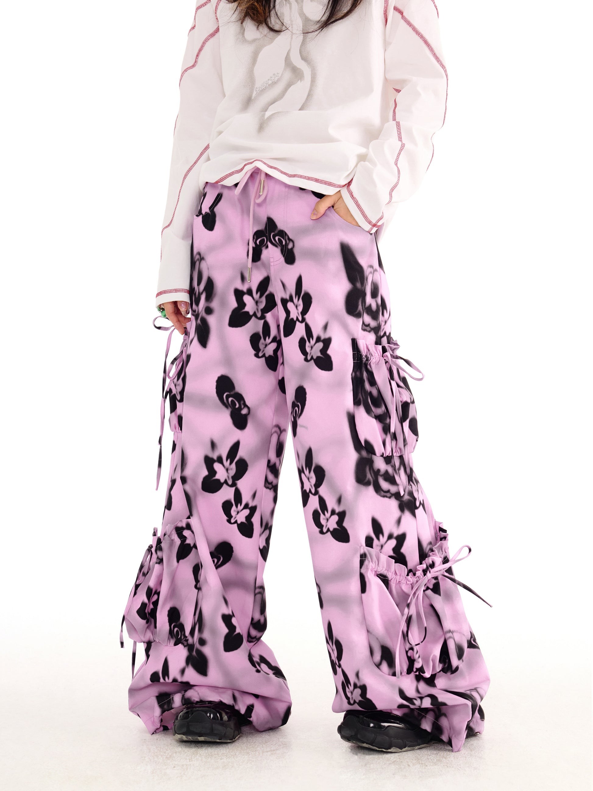 sillysis - Black Pink Floral Cargo Wide-Leg Pants pants sillysis