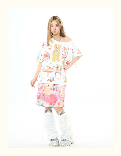 Robootoo - White Bear Tea Party Off-Shoulder T-Shirt tshirt Robootoo