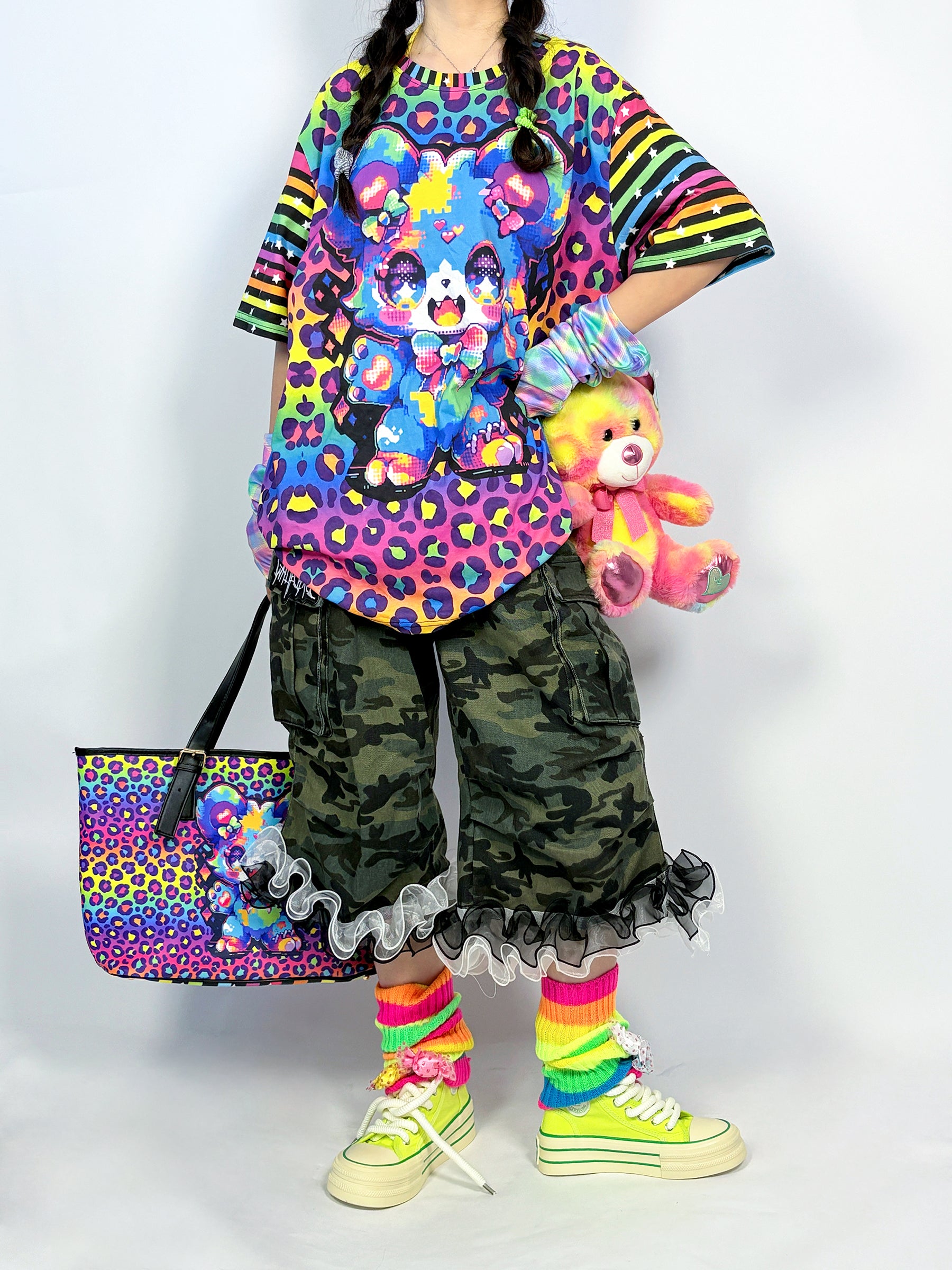 LEERROO - Decora Kei Rainbow Bear Print Cotton T-Shirt tshirt Leerroo