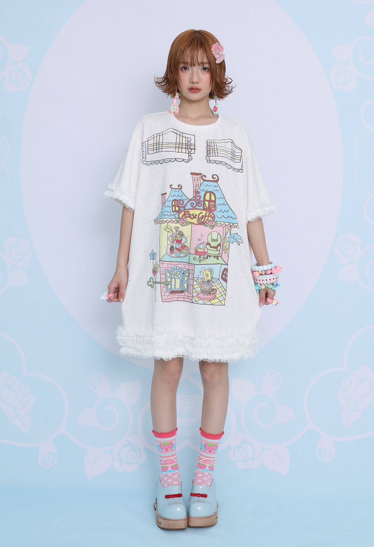 frufru - Rose Cafe Print Oversized T-Shirt Dress dress frufru