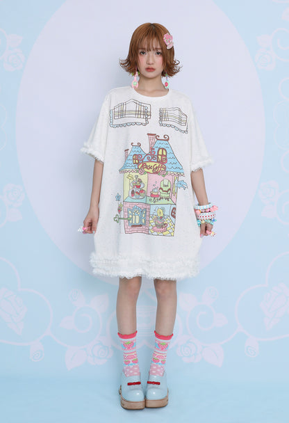 frufru - Rose Cafe Print Oversized T-Shirt Dress dress frufru