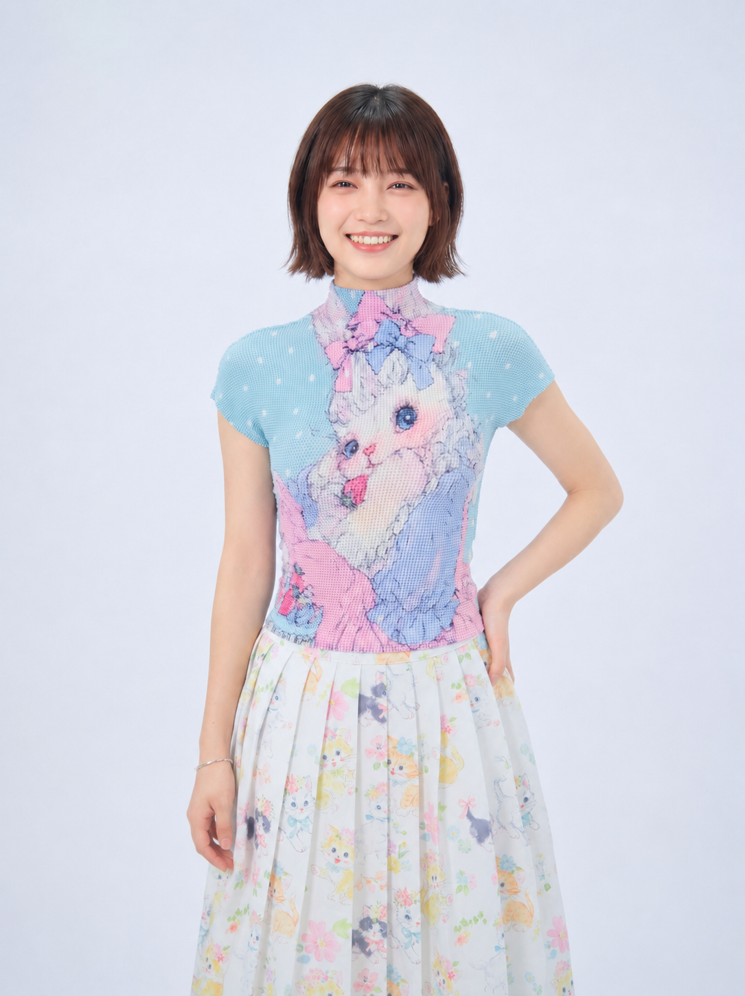 MeowMeow Bug - Cat Print Pleated Tee shirt MeowMeow Bug