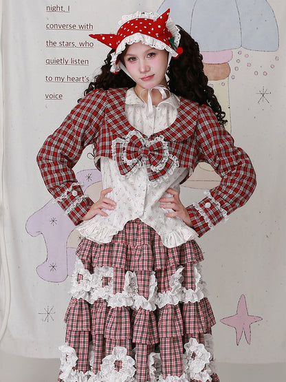 SOS MEME CLUB - Kawaii Jacket Showa Christmas Red Plaid Jacket jacket SOS MEME CLUB