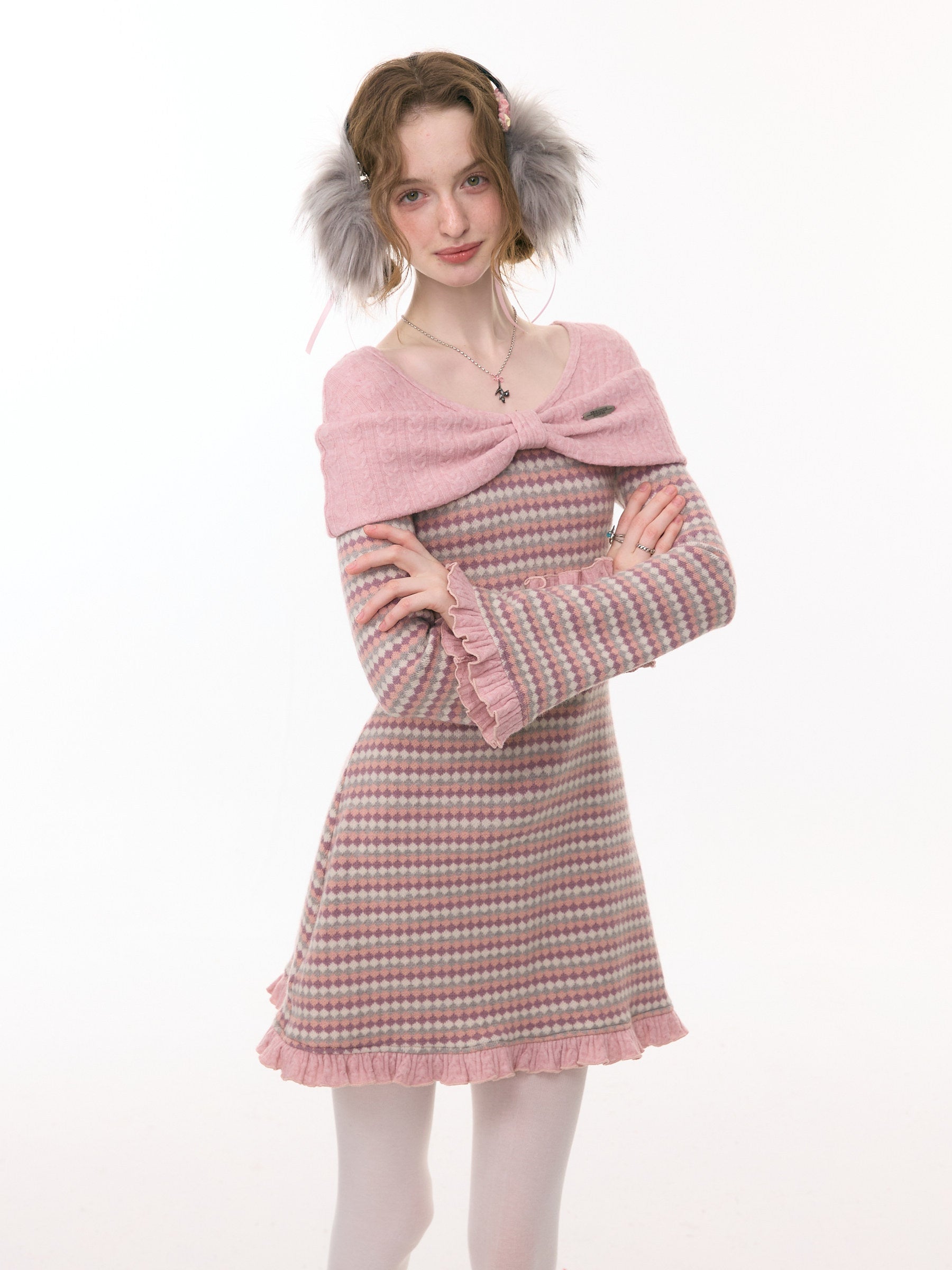 ziziFei - Girly Kei Bow Plaid Knit Ruffle Dress dress ziziFei