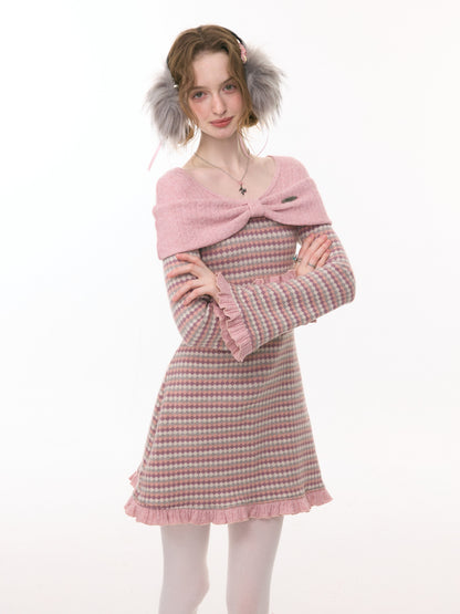 ziziFei - Girly Kei Bow Plaid Knit Ruffle Dress dress ziziFei