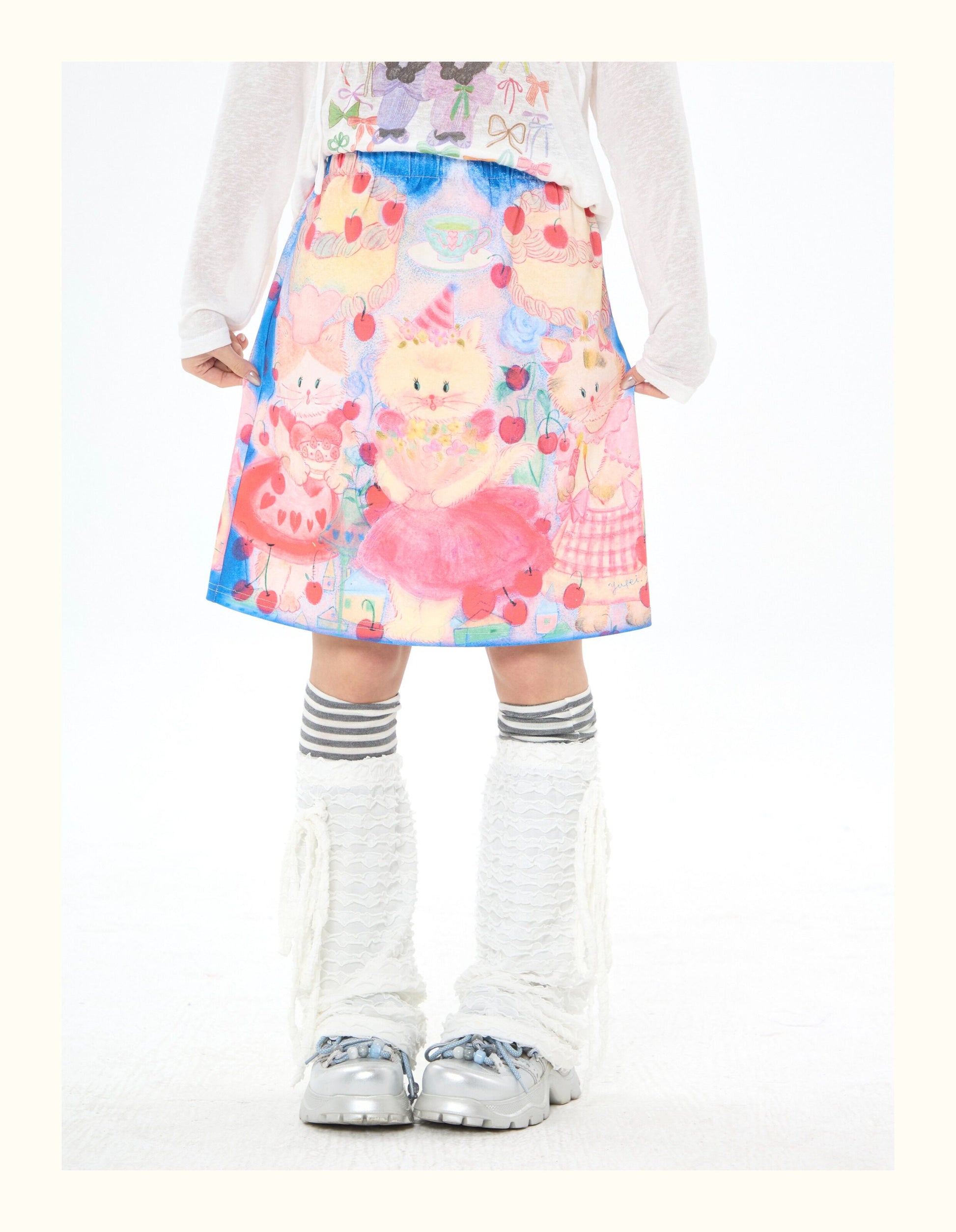 Robootoo - Blue Pink Cat Print Elastic Waist Skirt skirt Robootoo