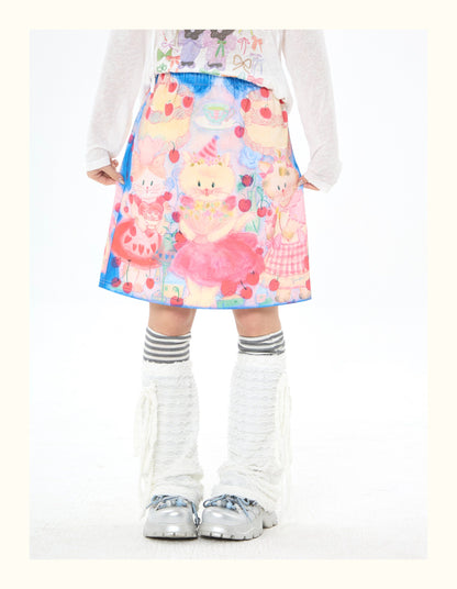 Robootoo - Blue Pink Cat Print Elastic Waist Skirt skirt Robootoo