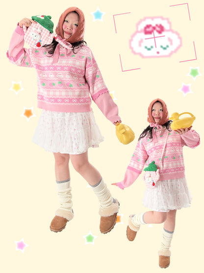 shishihshop Strawberry Puppy Sweater | Decora Bow Sweater | Kawaii Loose Pullover sweater shishihshop