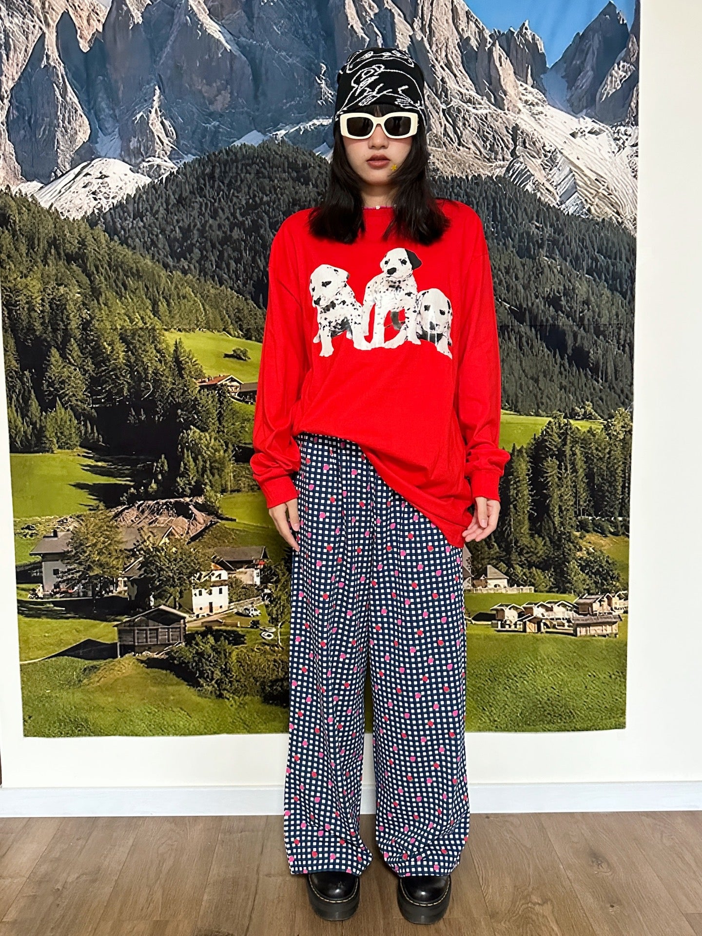 BunnyBunnyGun - Harajuku Wide Leg Pants Strawberry Print Plaid Oversize pants bunnybunnygun