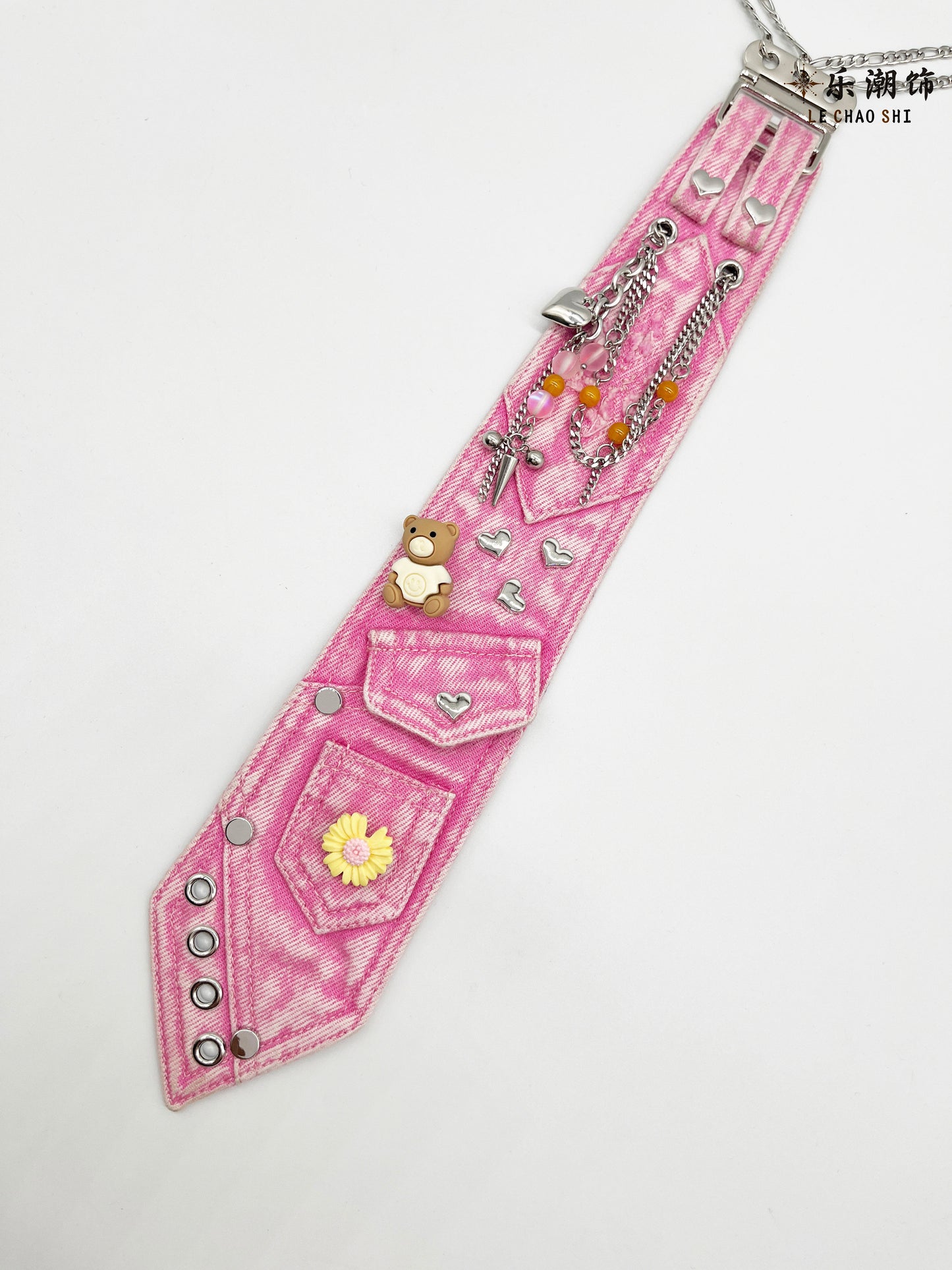 Le Chao - Pink Denim Tie Bear Chain Accessory tie Le Chao