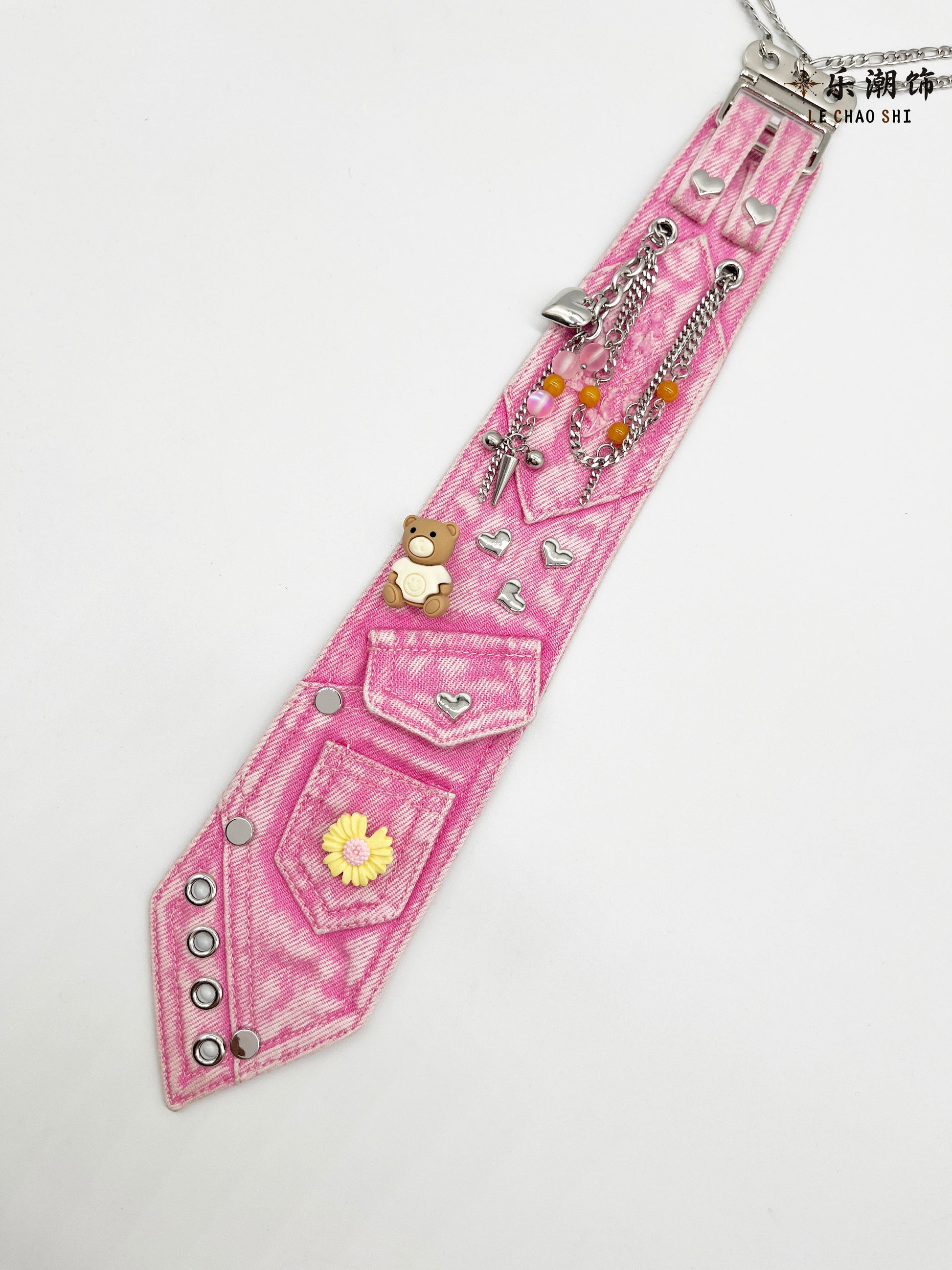 Le Chao - Pink Denim Tie Bear Chain Accessory tie Le Chao