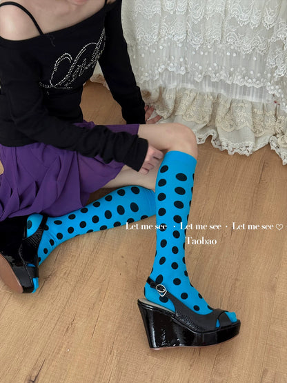 LET ME SEE - Blue Polka Dot & Mesh Knee-High Socks socks let me see