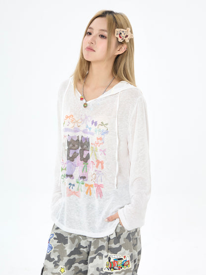 Robootoo - White Cat Print Hooded Sun Protection Tee shirt Robootoo