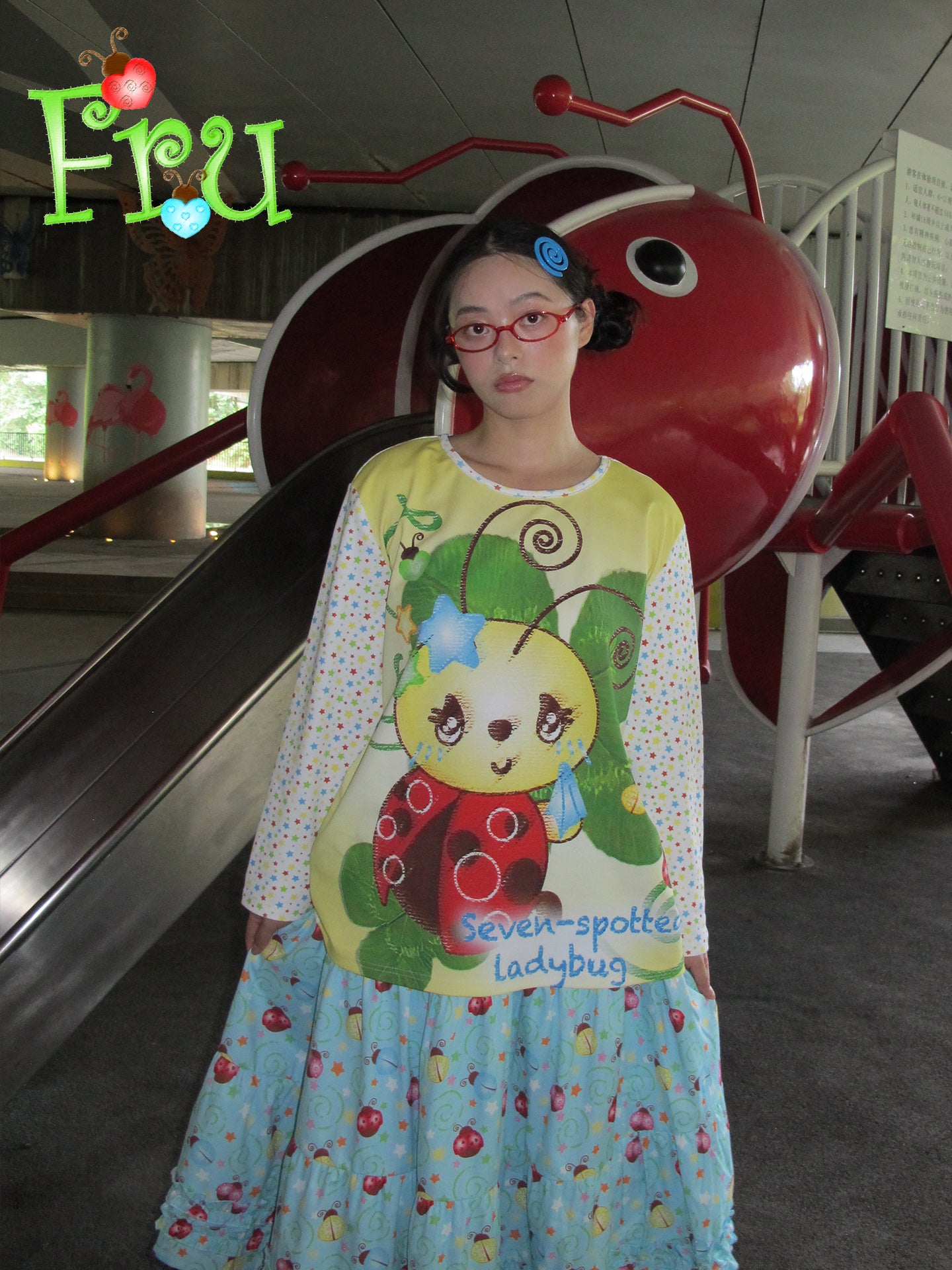 FruFru - Kawaii Long Sleeve Tee Beetle Print Casual Loose shirt frufru