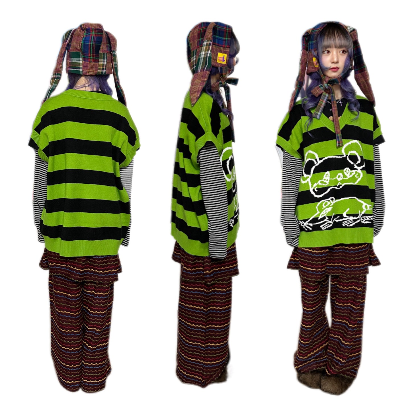 bunnybunnygun - Decora Kei Striped Knit Vest Oversized Sweet Cool vest bunnybunnygun