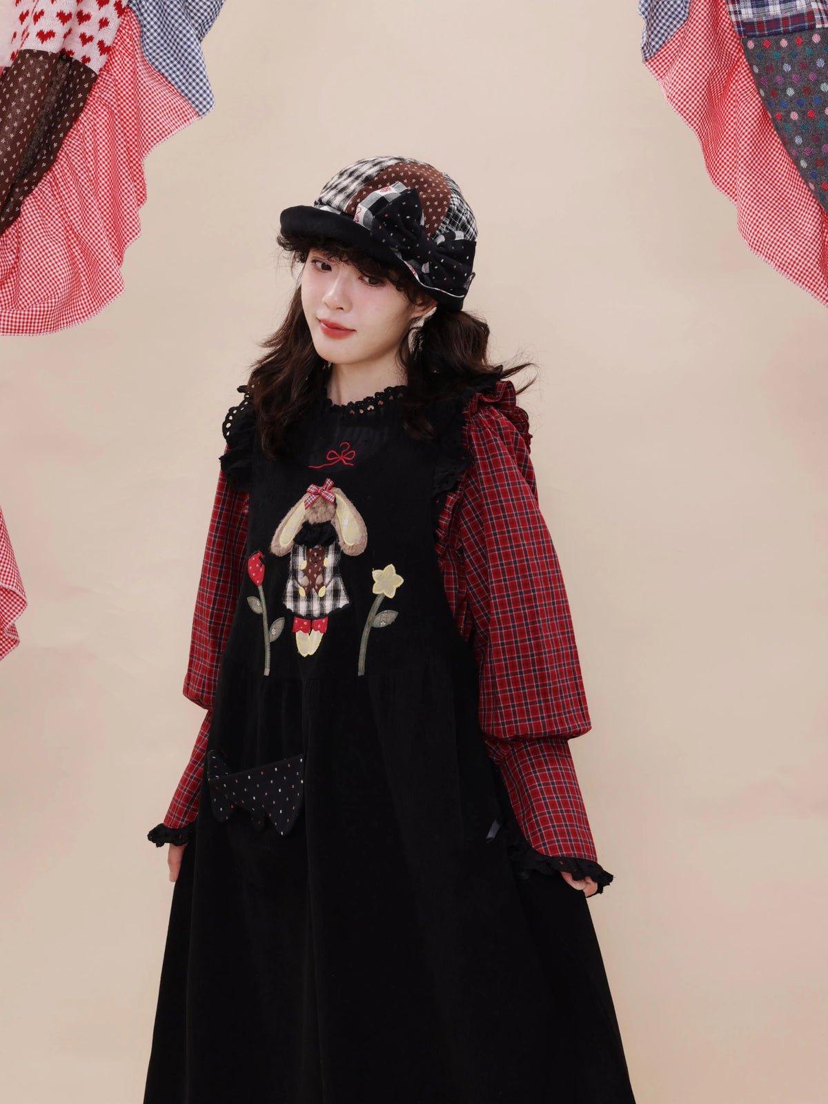 SemenCoicis - Vintage Corduroy Rabbit Embroidered Pinafore Dress dress SemenCoicis