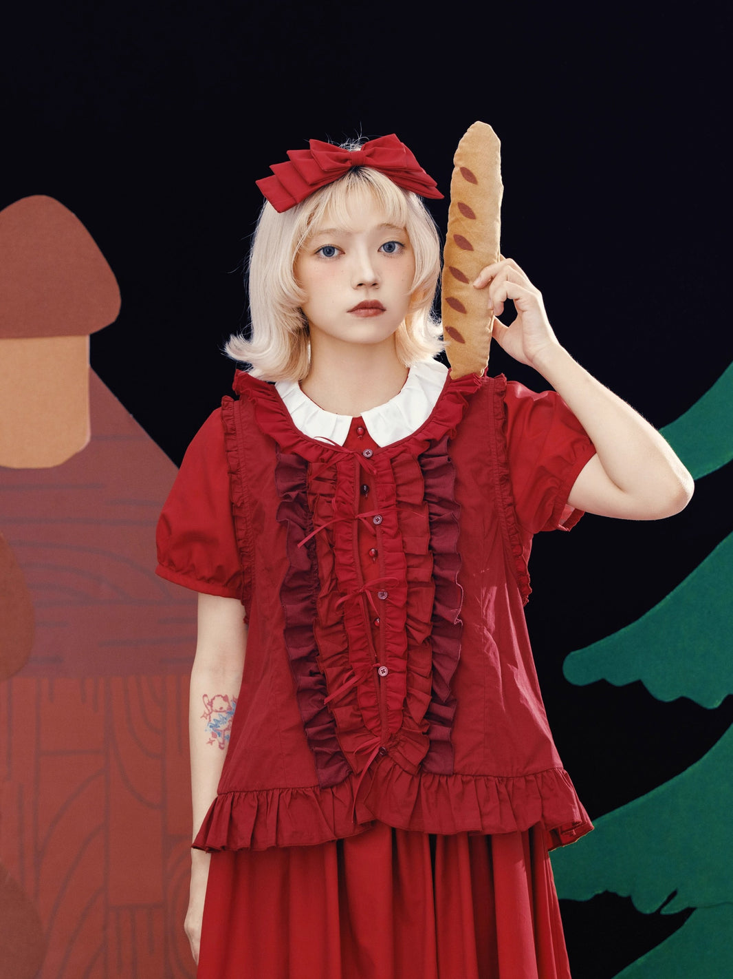 Meugler – Kawaii Mushroom Print Red Plaid Layered Cake Skirt