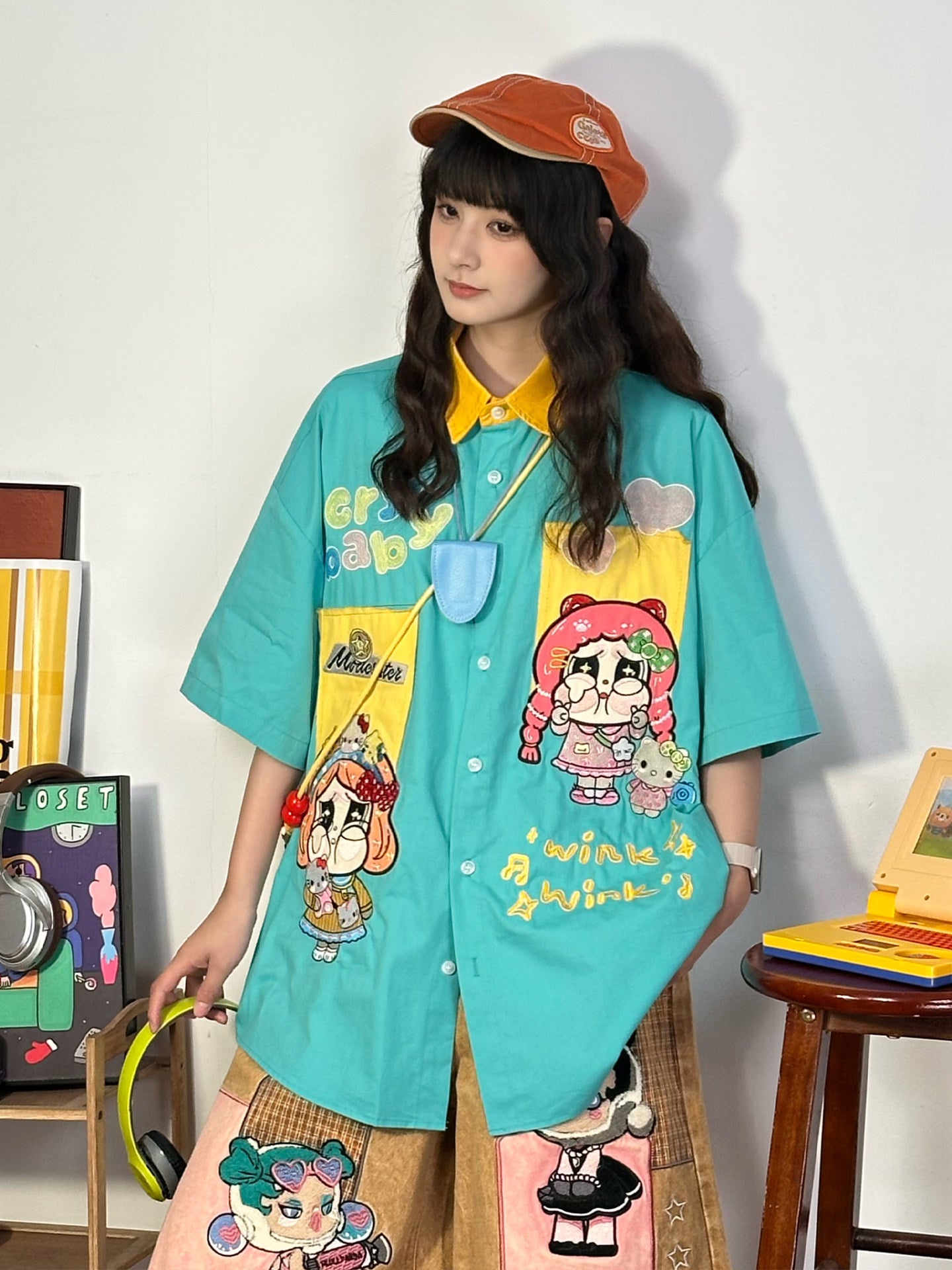 Blue Cartoon Embroidered Shirt shirt soldout