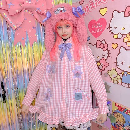 FANLOVEGIRL - Pink Bear Print Doll Collar Shirt shirt FANLOVEGIRL