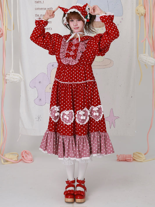 SOS MEME CLUB - Kawaii Red Polka Dot Christmas Dress Vintage Lolita Long Sleeve dress SOS MEME CLUB