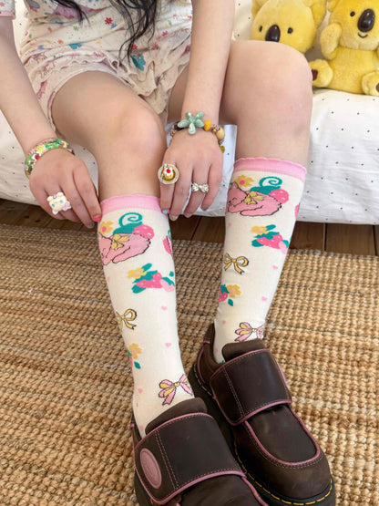 KaiXin Hostel - Strawberry Cat Print Crew Socks sock KaiXin hostel