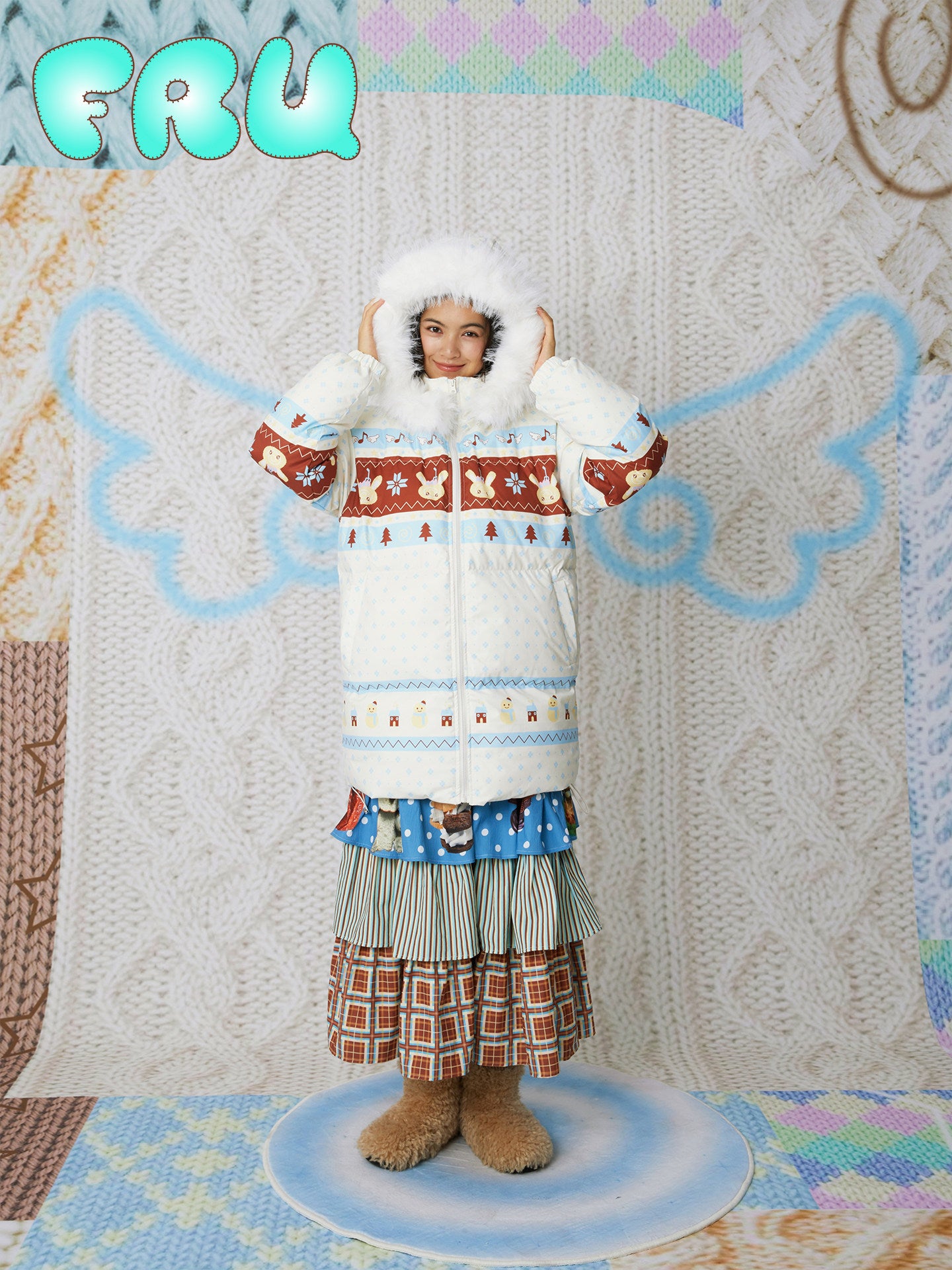 frufru - Kawaii Fair Isle Hooded Down Coat coat frufru