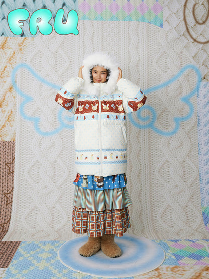 frufru - Kawaii Fair Isle Hooded Down Coat coat frufru