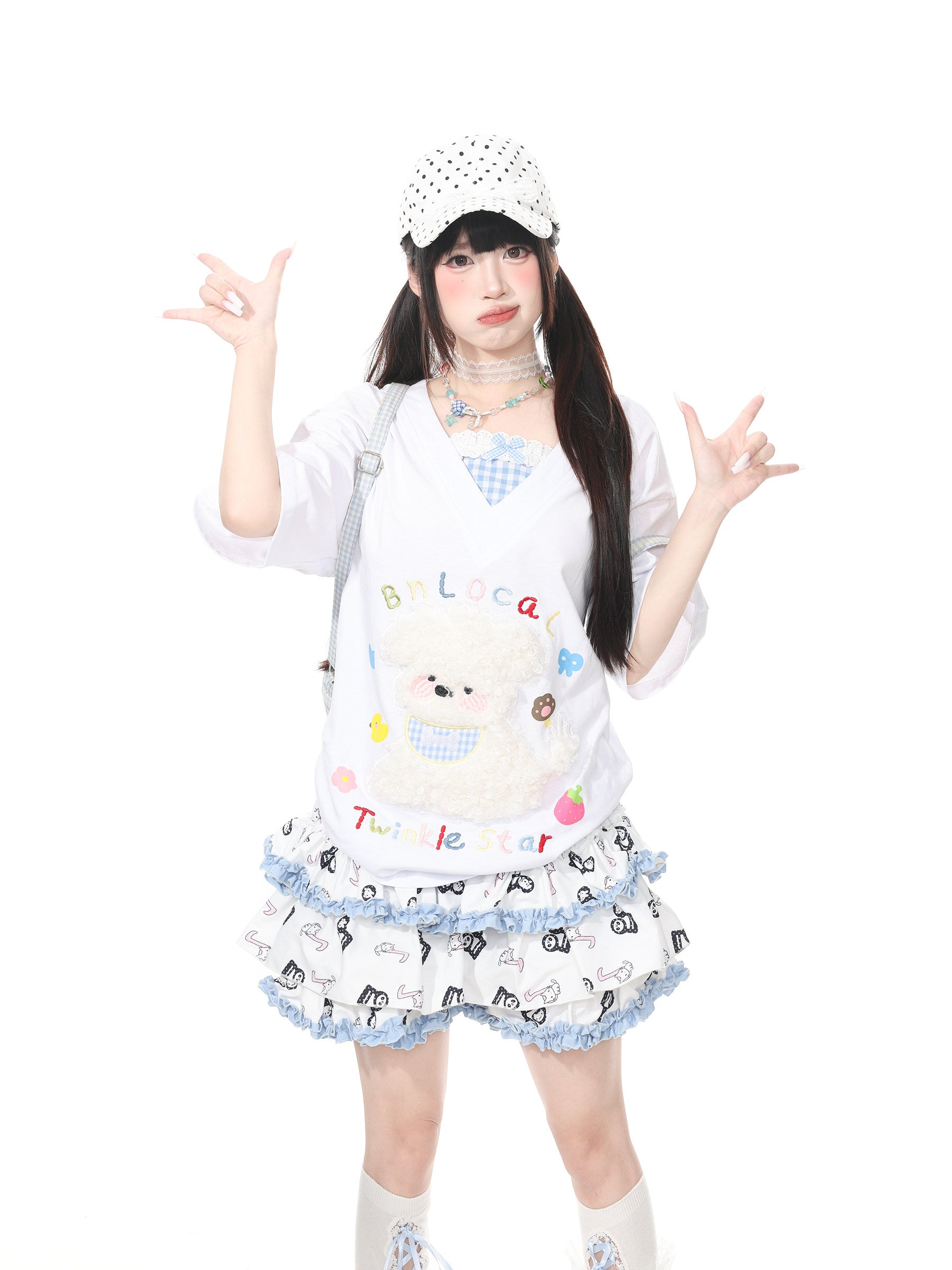Languid Park - Dog Applique Bow V-Neck Tee tshirt Languid Park