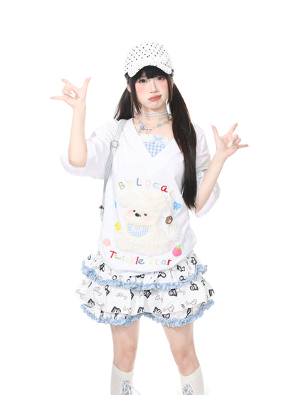 Languid Park - Dog Applique Bow V-Neck Tee tshirt Languid Park
