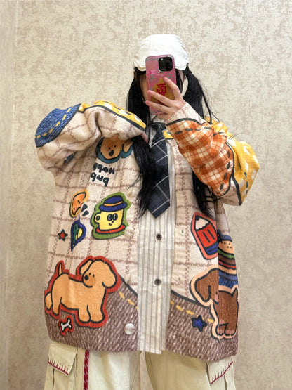 BIBULU - Kidcore Cartoon Check Knit Cardigan cardigan BIBULU