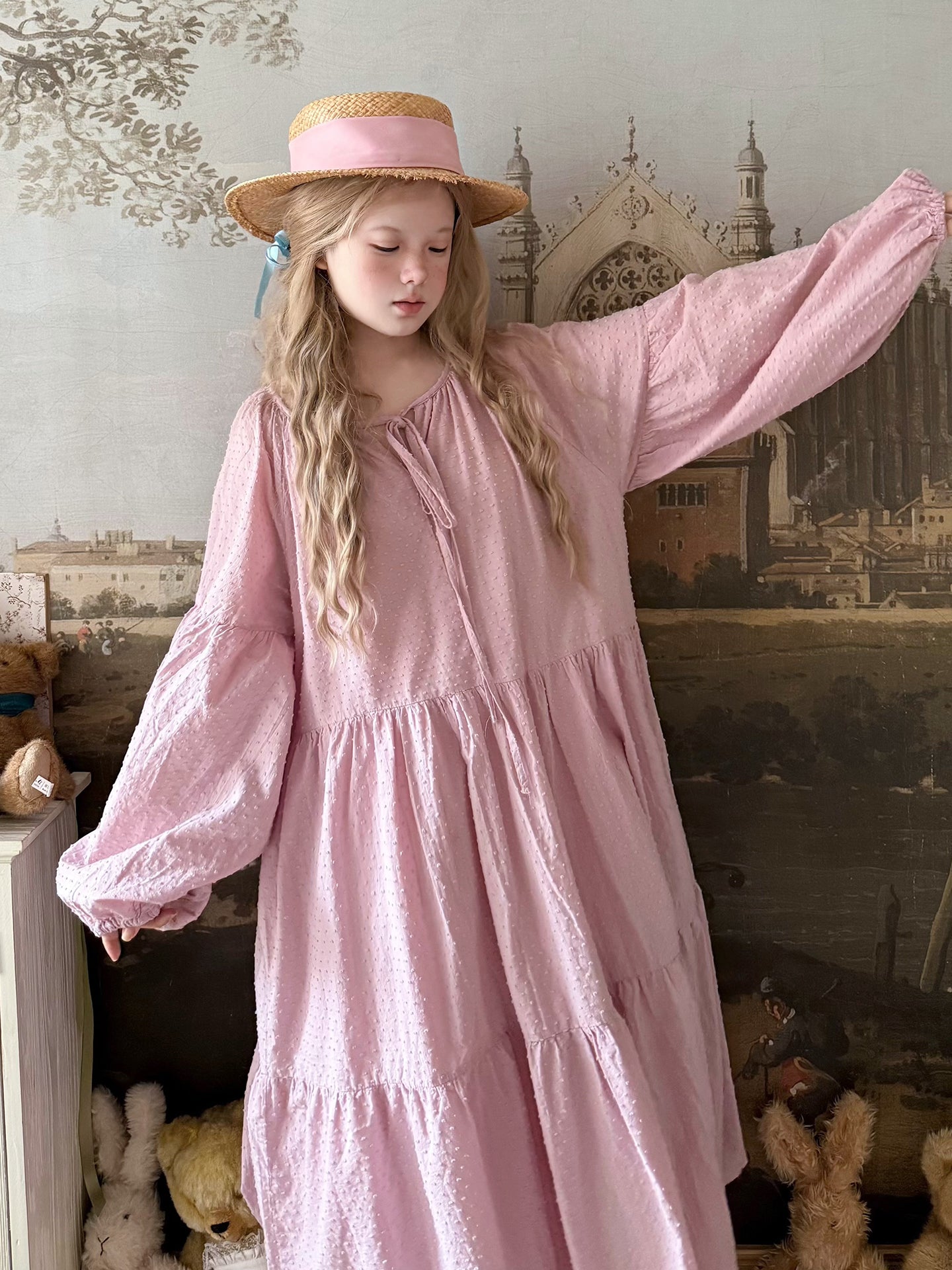 Labeau - Kawaii Polka Dot Tie Waist Puff Sleeve Midi Dress