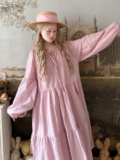 Labeau - Kawaii Polka Dot Tie Waist Puff Sleeve Midi Dress