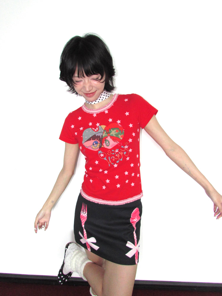 OurHappy Kawaii Harajuku Skirt | Quirky Bow & Cutlery Print Mini Skirt skirt Our Happy
