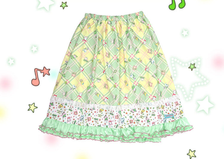 Shishihshop Green Plaid Patchwork Midi Skirt | Harajuku Vintage Ruffle Skirt skirt shishihshop
