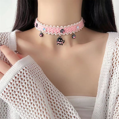 Kiwi Store - Y2K Black Cat PinkFuzzy Choker & Bracelet necklace kiwi store
