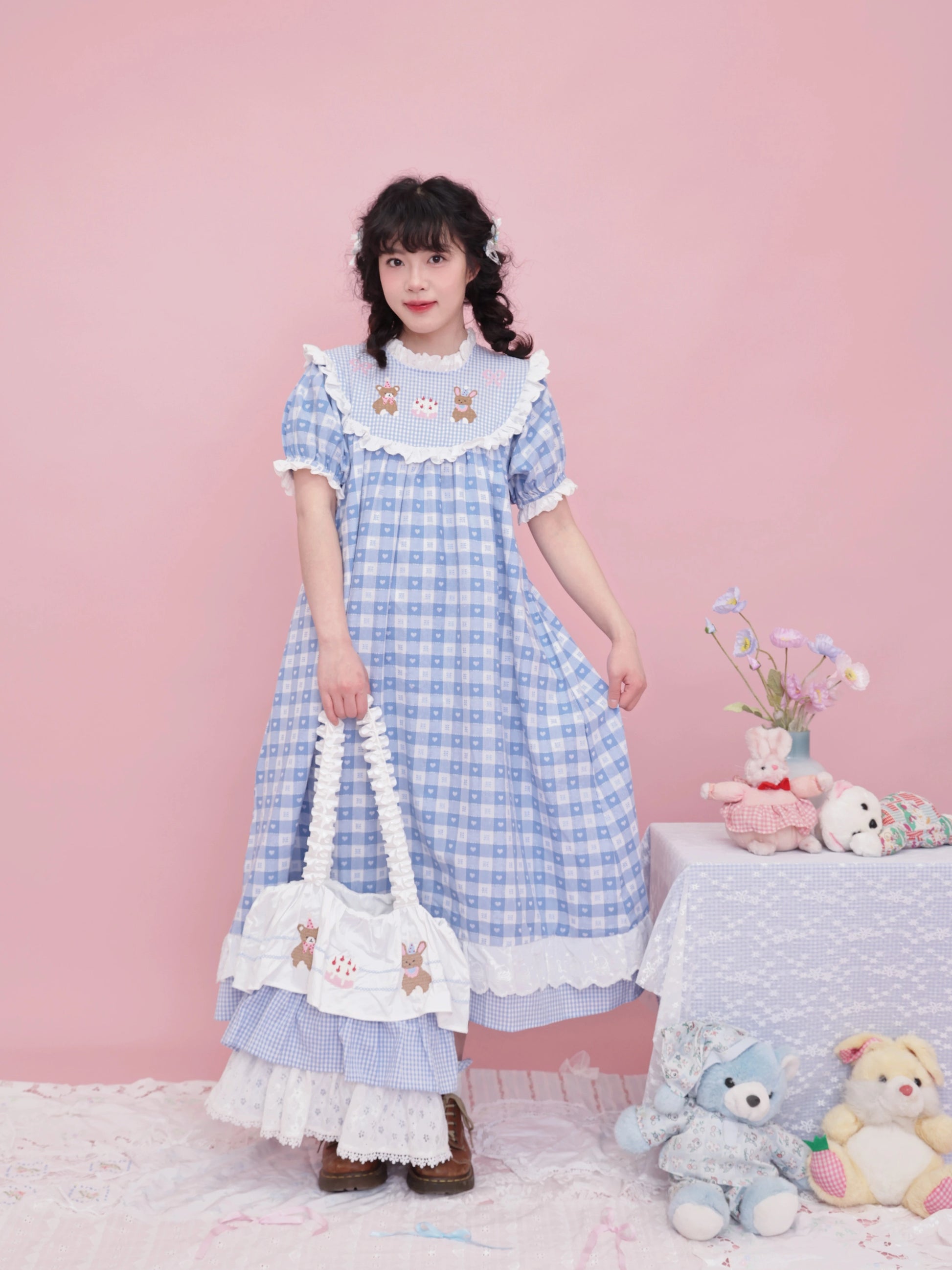 SemenCoicis Vintage Puff Sleeve Dress | Kawaii Embroidered Jacquard Check Dress dress SemenCoicis