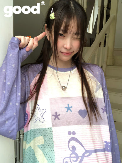 Meihao Store 「记忆碎片」梦幻星星音符拼布薄款长袖罩衫 shirt meihao store