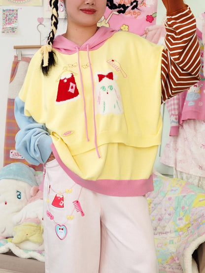 shishihshop Colorblock Knit Hoodie | Loose Fit Longline Pullover Sweater hoodie shishihshop