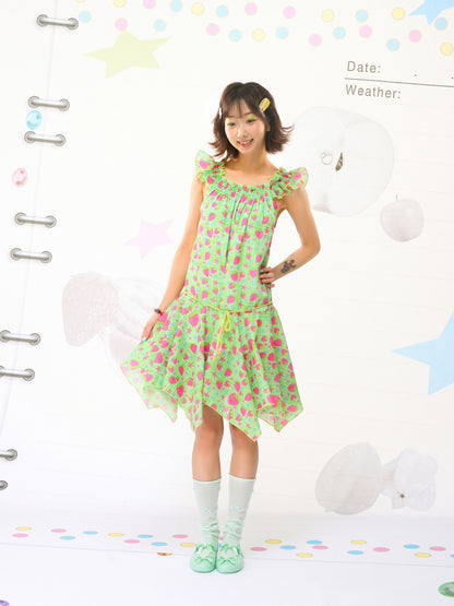 FRUITS Strawberry Dress | Illustration Asymmetric Hem Dress | Flutter Sleeve Dress dress Fruits