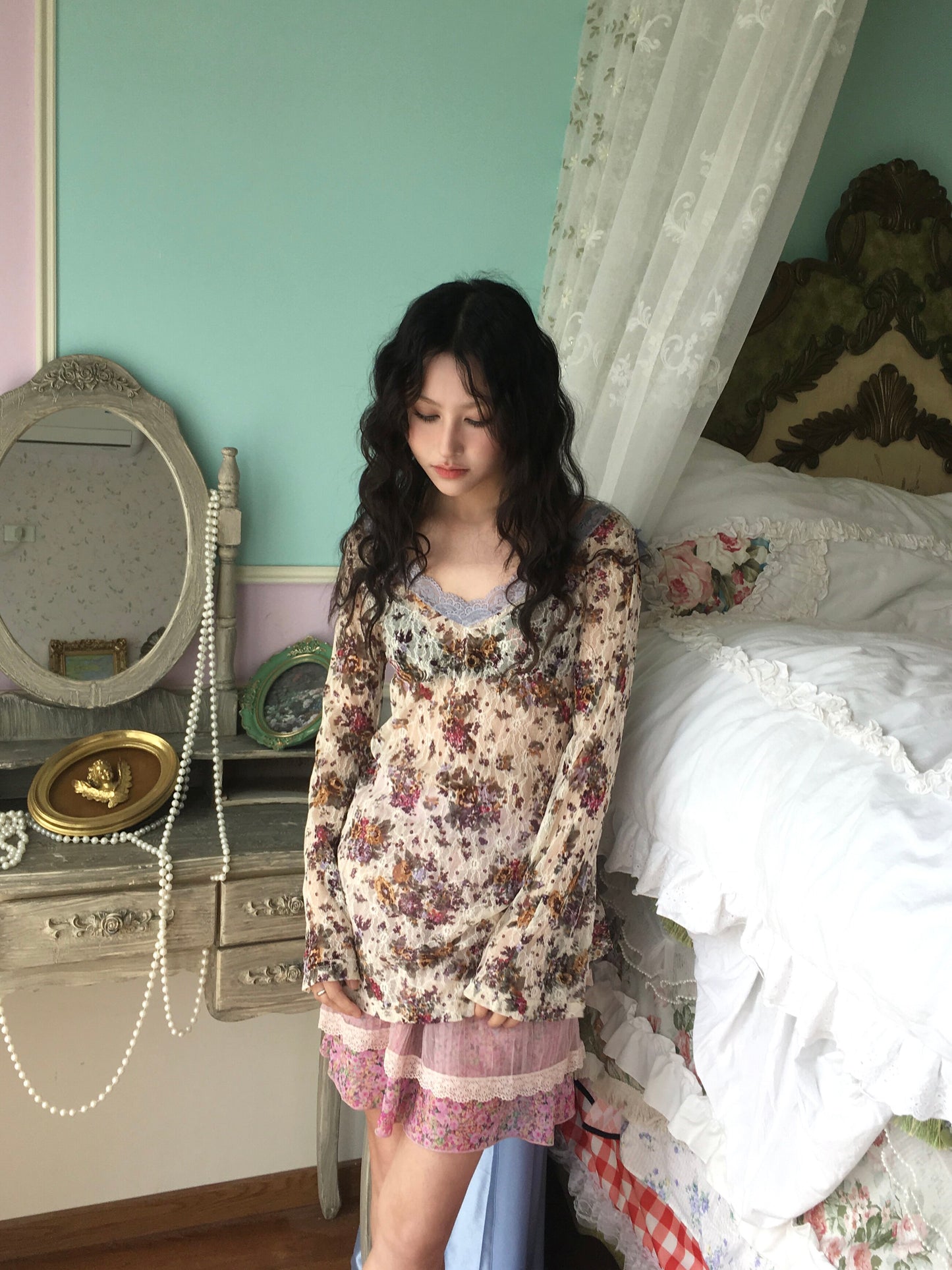 HIBABAO - Vintage Lace Floral Sheer Top shirt HIBABAO